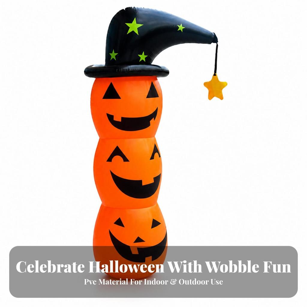 Inflatable Pumpkin with Witch Hat Spooky Stacked Jack-O'-Lantern Eye-Catching