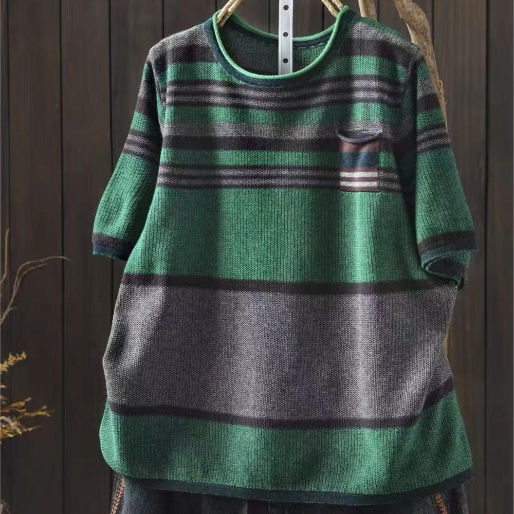 Johnature Women Vintage Striped T-Shirts Summer Chinese Style O-Neck Short Sleeve Knitted Female T-Shirts