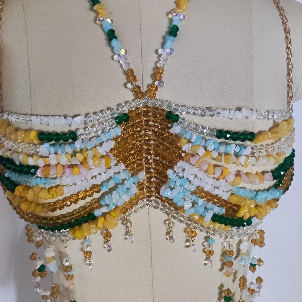 Womens Exotic Colorful Beads Tassels Halter Neck Bra Chain Crop Top Hollowed Body Jewelry Chest Chain for Beach Festival