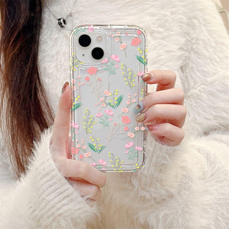 Simple pink flower iPhone15promax mobile phone case Apple 14 transparent 13/12 fine hole anti-drop 11