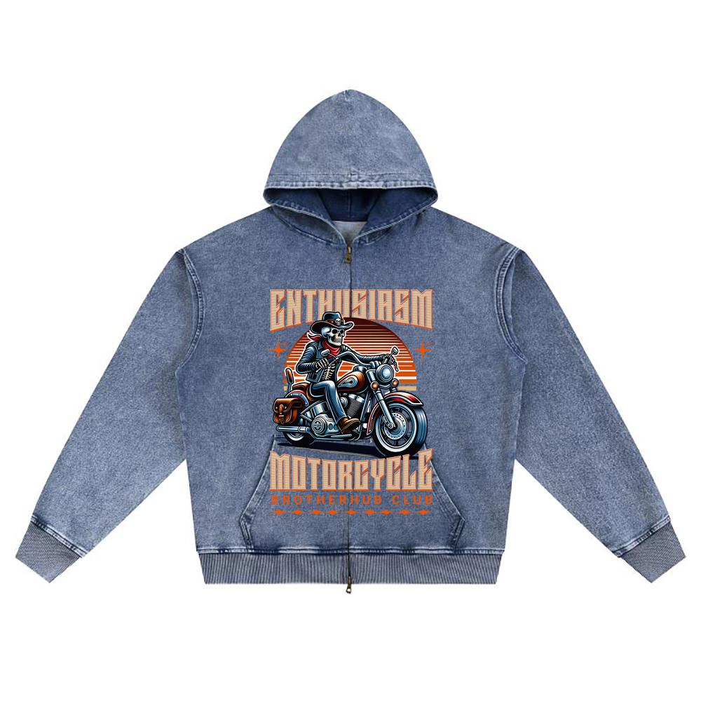 DTG Print Knitted Denim Zip-Up Hoodie Streetwear Motorcycle Brother Print Zipper Hoodies  
