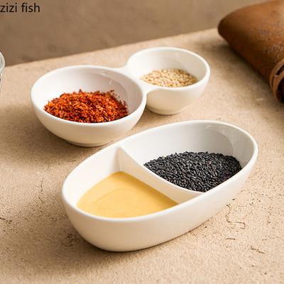 Pure White Ceramic Double Grid Plate Sauce Vinegar Seasoning Plate Appetizer Plate Snack Plates Restaurant Creative Tableware