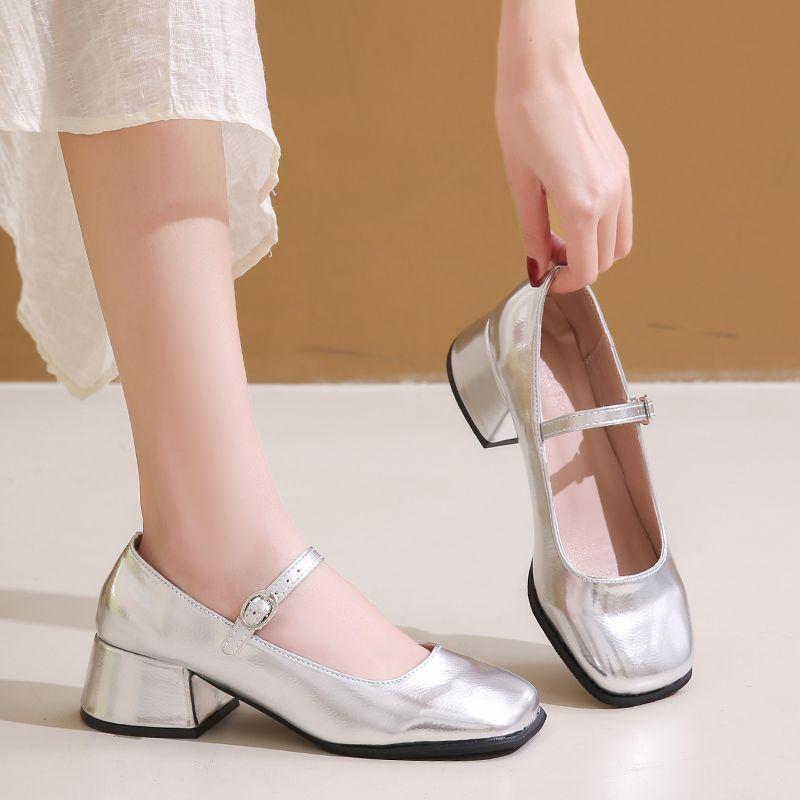 French high heels 2025 new summer thick heel temperament with skirt silver single shoes Mary Jane women's shoes small leather shoes