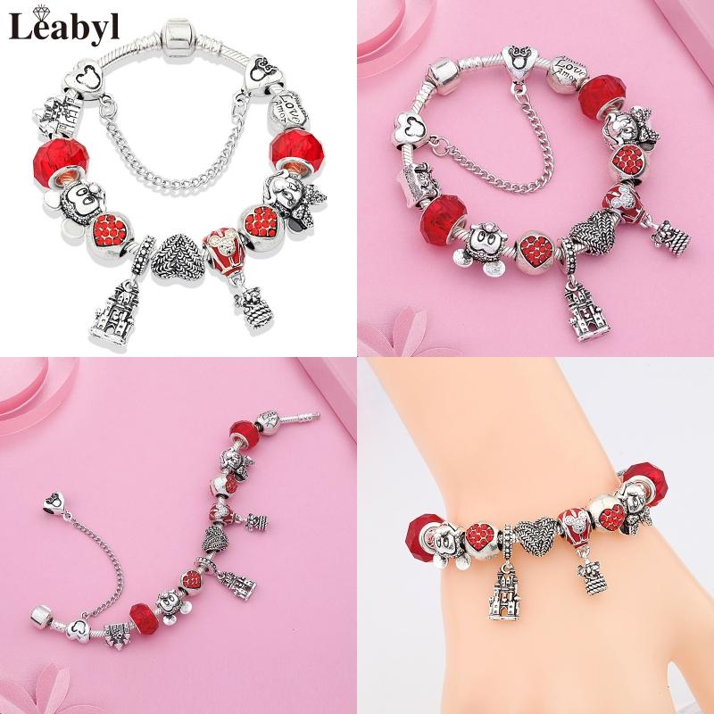 Potdemiel Pink Enamel Crystal Minnie Charm Bracelets Silver Color Heart Cartoon Bead Jewelry for Women Girl Gift