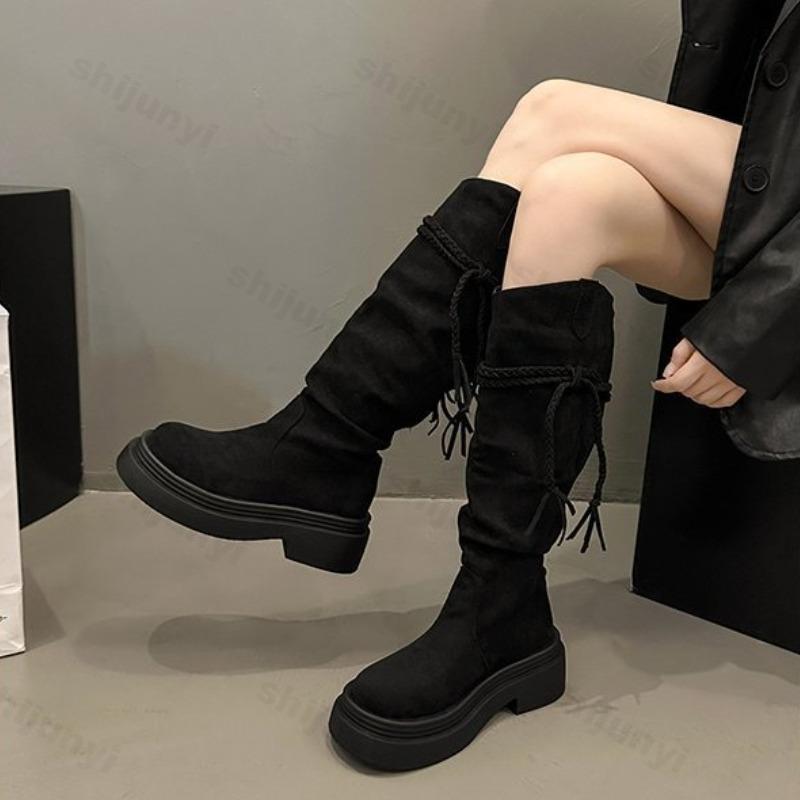 Vintage Fashion Women's Shoes 2026 Autumn New Fringe Comfortable Knight Boots Height Increase Non Slip Wear Resistant Long Boots