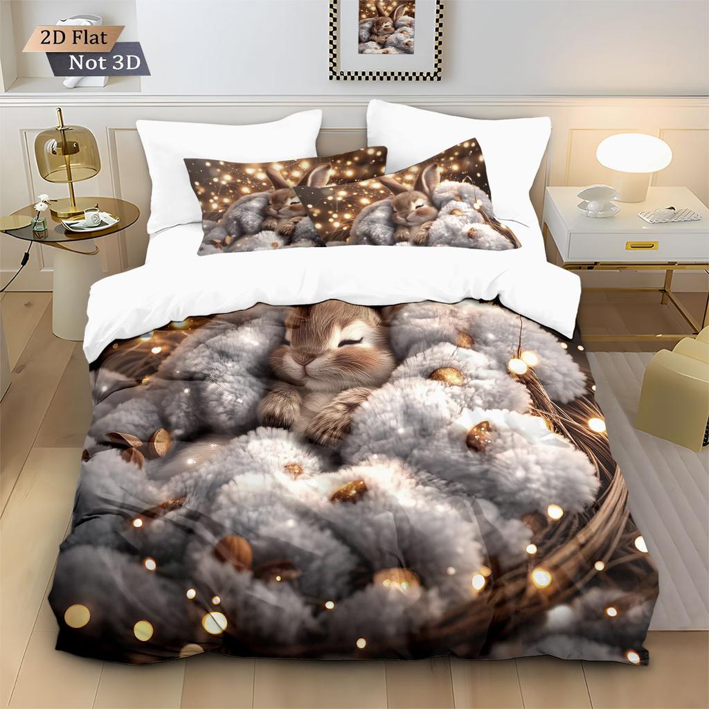 3Pcs Cute Cartoon Sleeping Rabbit Printed Down Duvet Cover Set, Multi Size Bedroom Bedding Decoration, Machine Washable