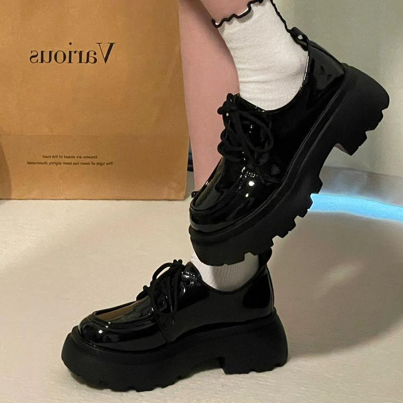 Black lace-up small leather shoes women's college style new versatile thick-soled heightening single shoes tide