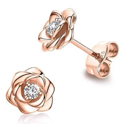 Orecchini a bottone in oro rosa, fiore rosa, zircone, argento sterling 925, marchio originale, piccoli fiori, orecchini a bottone di lusso, gioielli da donna