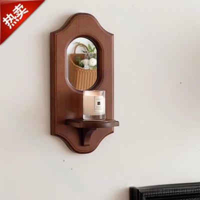 Mid-Century Solid Wood Wall-Mounted Mirror & Candle Holder with Aromatherapy Shelf.