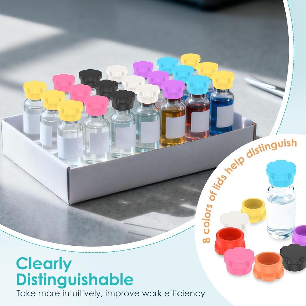 24 Pcs 3ml Glass Vial Protective Caps 8 Colors Silicone Leakproof Dustproof Reusable Vial Caps Lids Covers for Injection Peptide Vials for Essential