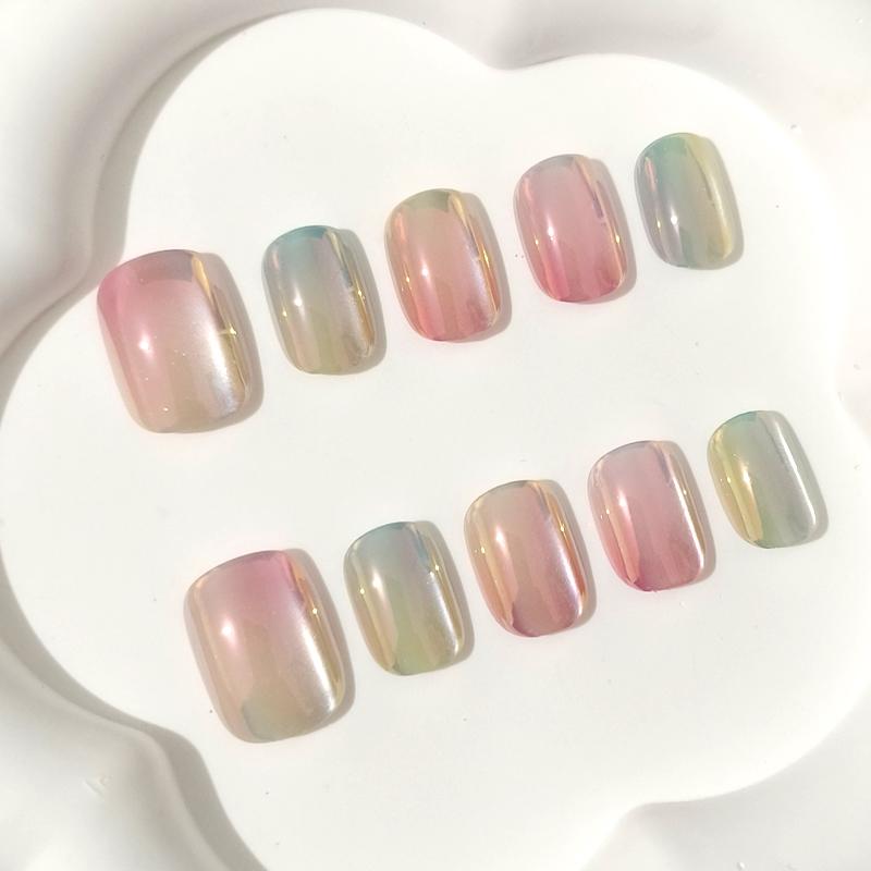 10Pcs Electroplated Colorful Cat Eye Glass Short Round Square Head Press On Nails Versatile False Nail Tips For Women