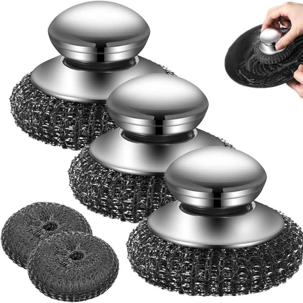 

Скребок из стальной ваты, 2025 Новый скребок из нержавеющей стальной ваты с 2 шт. сменных проволочных подушечек, Съемные металлические стальные скребки из ваты для чистки 3pcs