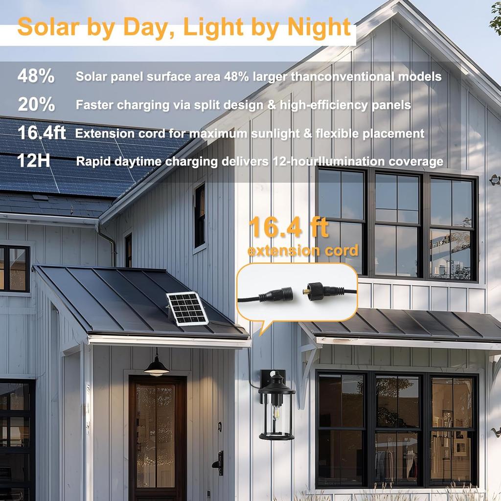 Outdoor Solar Wall Lantern, Dusk to Dawn Motion Sensor, Waterproof, Replaceable Battery & Panel, Black (1 Pack)