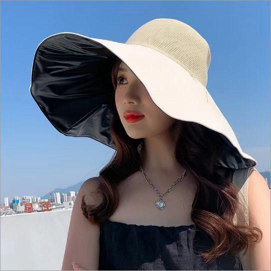 New big eaves bucket hat women's summer sunscreen visor UV protection vinyl upgrade oversized eaves mesh hat