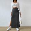 Maxi Skirt with Side Slits High-Waisted Ribbed Long Skirt Solid Color Hip Wrapped Autumn Winter Long Skirt