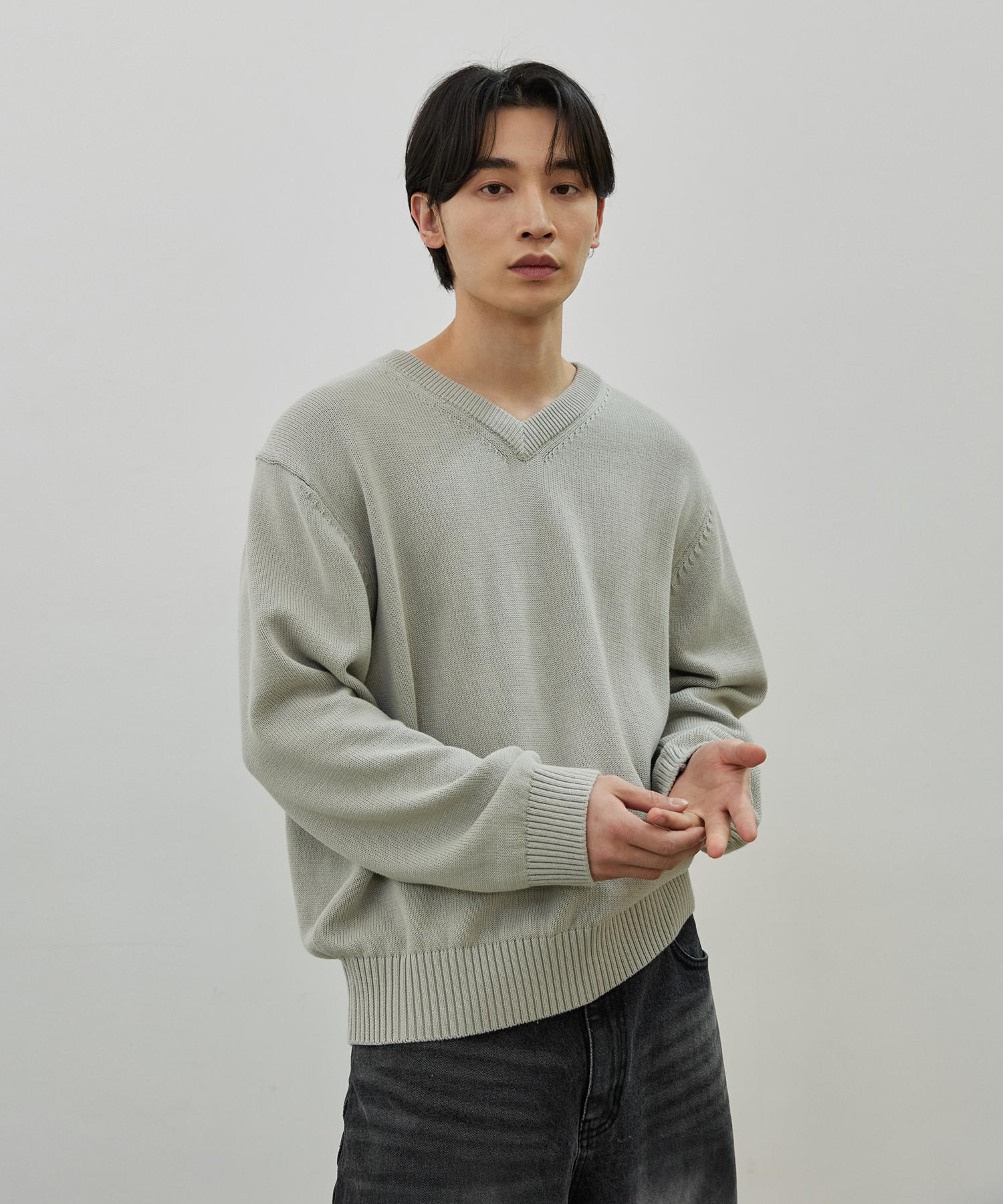 Pino Cotton V-Neck Semi-Oversized Knit - Gray Beige Gray Beige/M