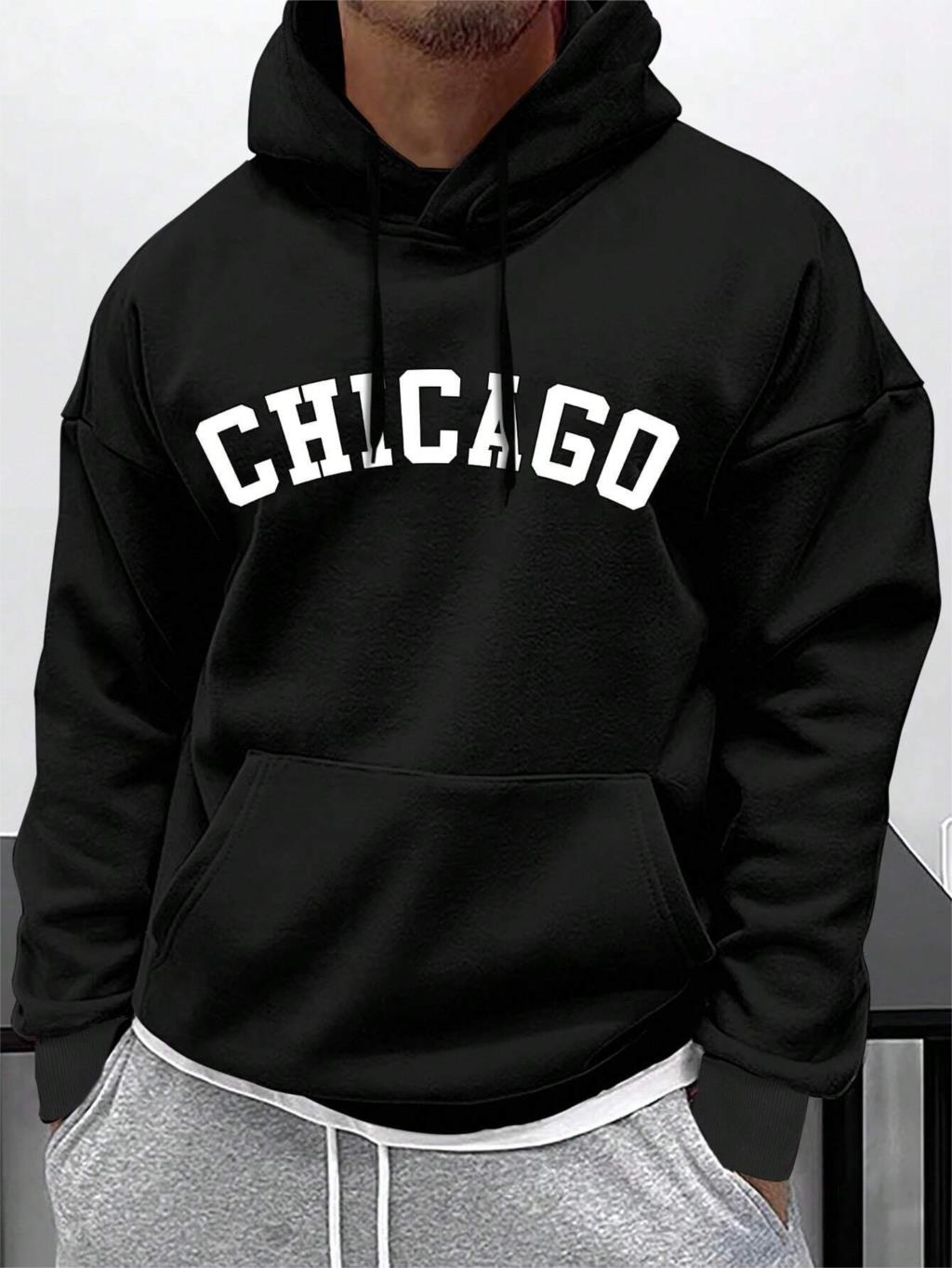 

Street Letter Chicago Printing Hoodies For Men Pocket Drawstring Pullovers Thermal Fleece Soft Sweatshirts Autumn Casual Clothes 2XL
