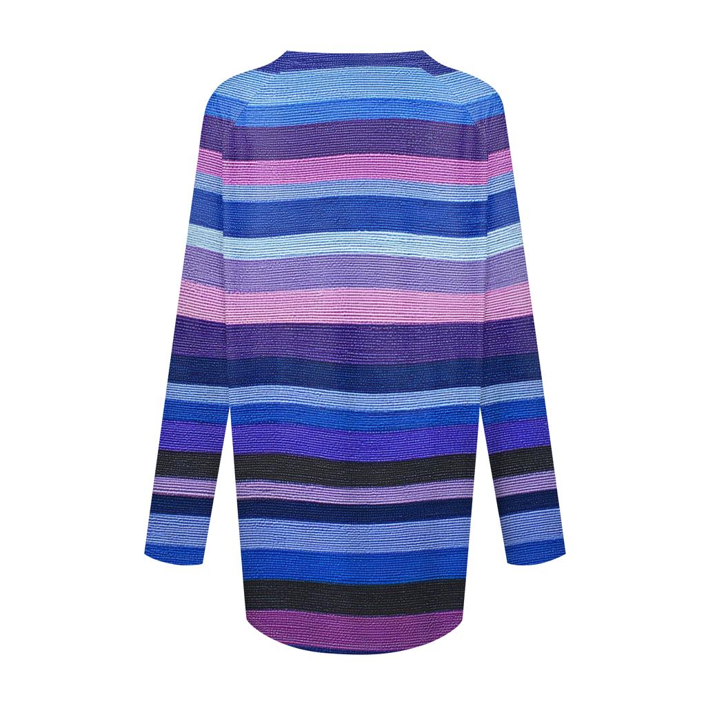 Women's Fashionable Casual Long-Sleeved Striped Print V-Neck Mid-Length Top
