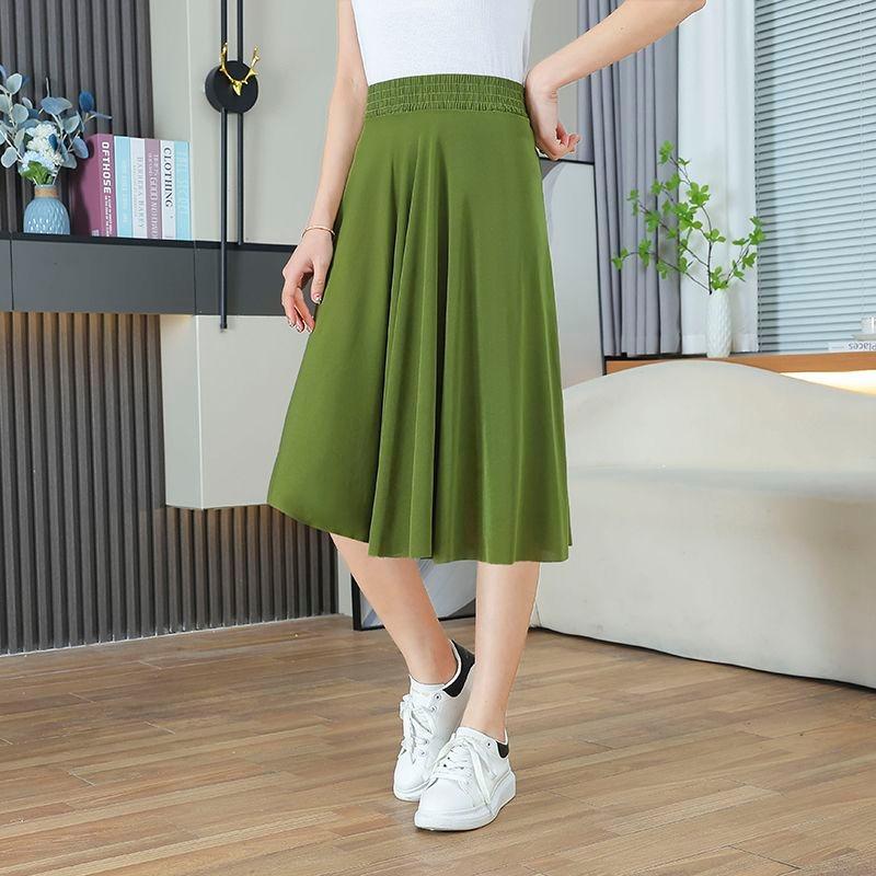 Women's Versatile Black Flowy A Line Midi Skirt with Elastic Waist