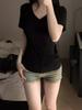 WhiteV-Neckshort Sleeve T-Shirt Women's Casual Loose-Fit Waist-Fitted Top Korean Style Polyester Fiber Summer Clothing