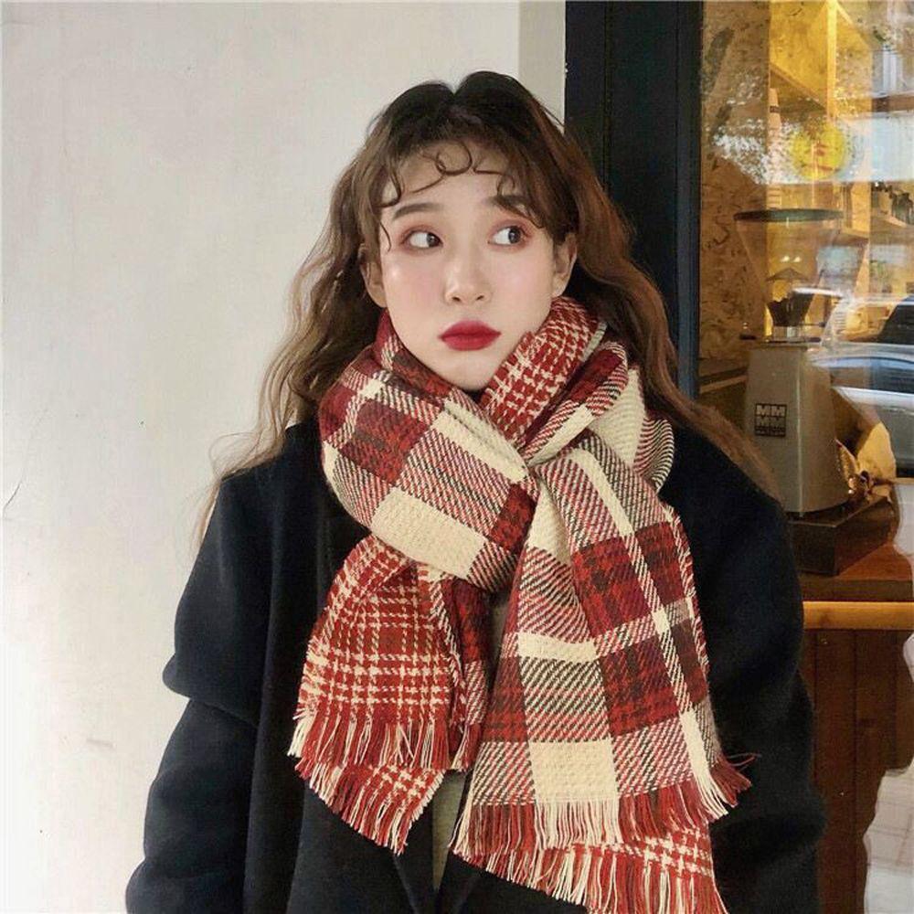 Shawl Warm Houndstooth Cold-proof Ins Style Plaid Wrap Neckerchief Women Scarf Christmas Muffler