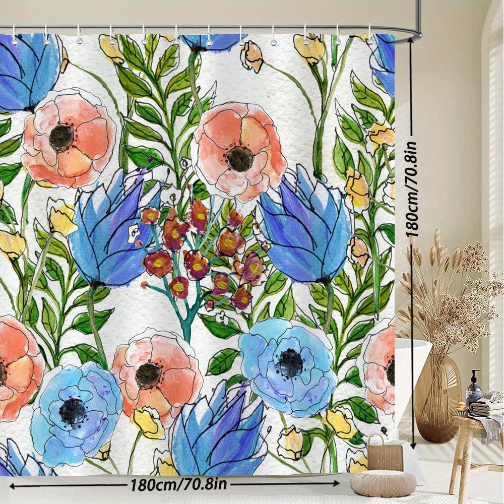 Blue & Peach Watercolor Floral Shower Curtain – Vibrant Poppies & Tulips, Botanical Garden Design, 12 Hooks, 70.87×70.87 Inch