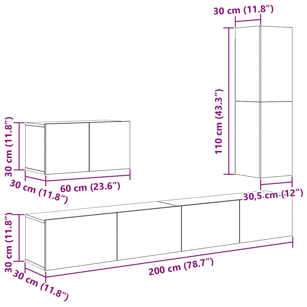 4 Piece TV Cabinet Set Black Oak Effect Particleboard
