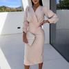Fall Spring Women Dress V Neck Bubble Sleeves Formal Business Style Slim Fit Solid Color High Waist OL Commuting Office Midi Dress