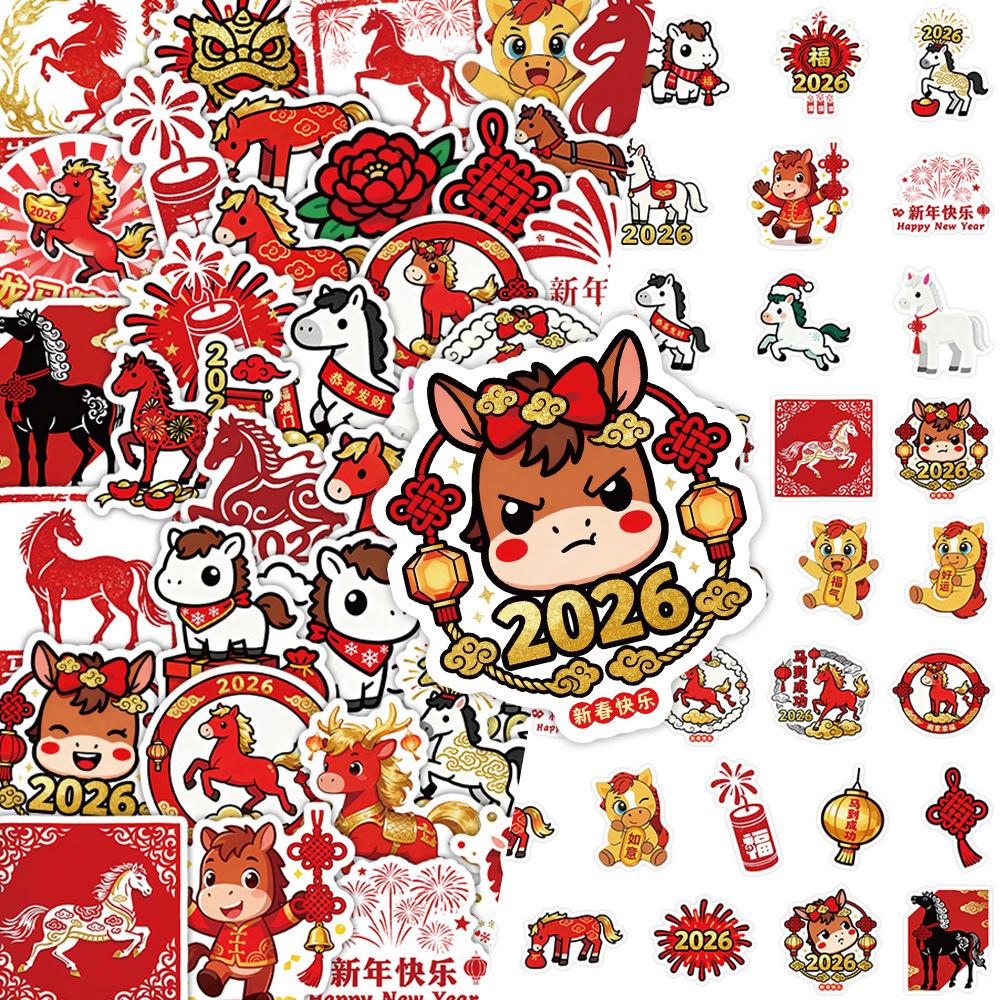61Pcs Cartoon Year Of The Horse Graffiti Stickers  New Year Decorative Stickers For Laptop Mobile Phone Case Guitar