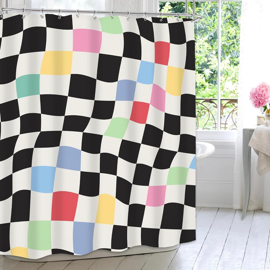 Farbig Abstrakt Duschvorhang Schwarz Weiß Retro Karomuster Modern Schlicht Schön Badezimmer Dekorativer Duschvorhang, 12 Haken