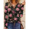 Spring and Autumn Women's Pink Rose Black Gold Leopard Print Zipper Top - Long Sleeves and V-Neck Design for Fashionable Personality