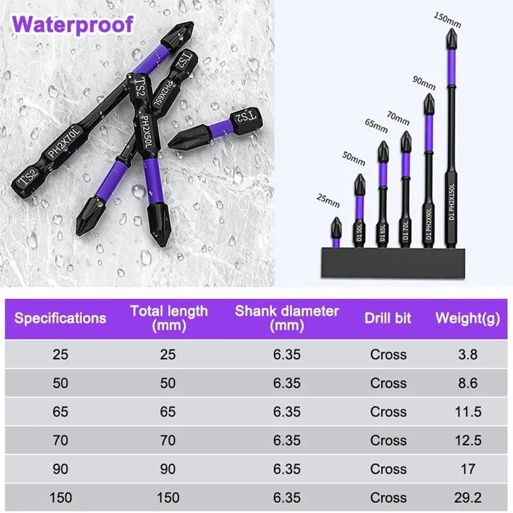 Magnetická sada šroubovacích bitů PH2 Phillips 25-150mm Protiskluzové Nárazuvzdorné Bity do rázového vrtáku z legované oceli pro venkovní dekoraci