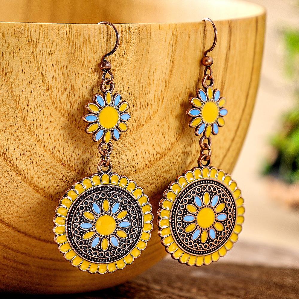 12 Colors Ethnic Vintage Enamel Sun Flower Earrings for Women Elegant Fresh Dangle Earrings Boho Vacation Party Jewelry