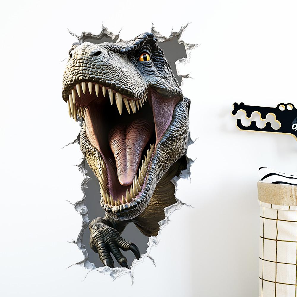 3D Dinosaur Breaking Through Wall Self Adhesive Sticker for Kids Boy Bedroom Door Wall Home Decor