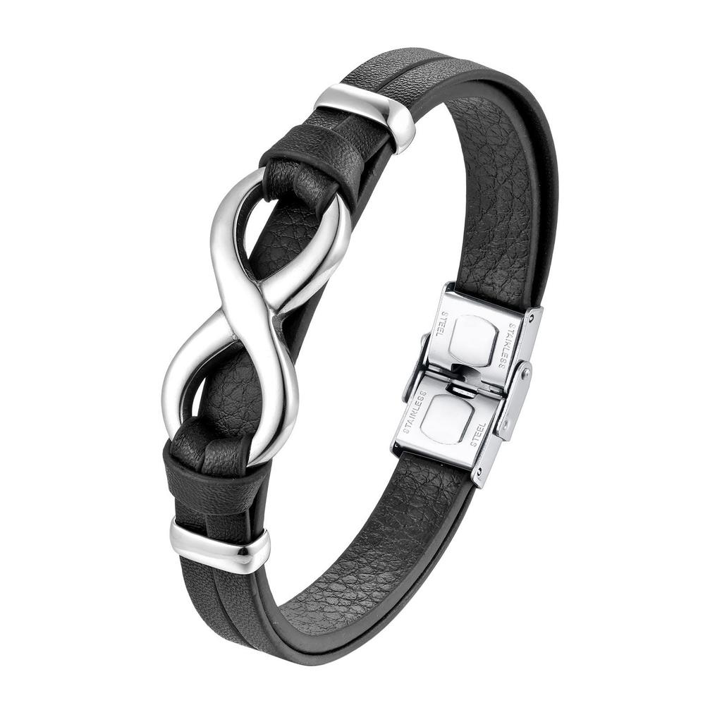 Schwarzes Lederseil-Armband mit 8 Unendlichkeitszeichen für Männer, modisches handgewebtes Armband, Edelstahlverschluss, verstellbares Lederband