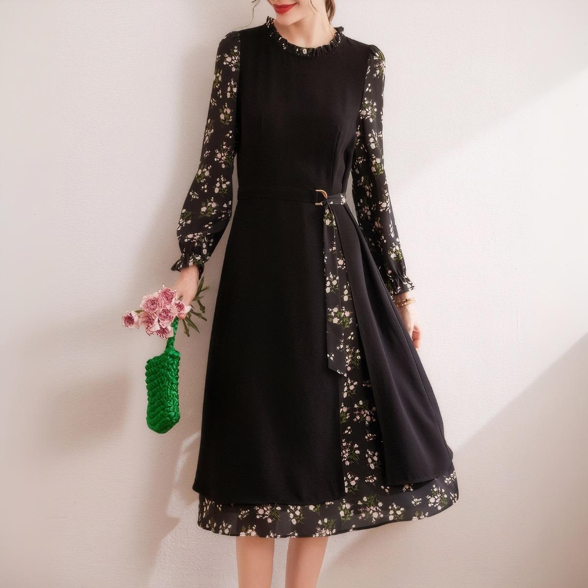 

Весеннее новое контрастное цветочное ретро-деревянное платье с круглым вырезом и длинными рукавами XL чёрный