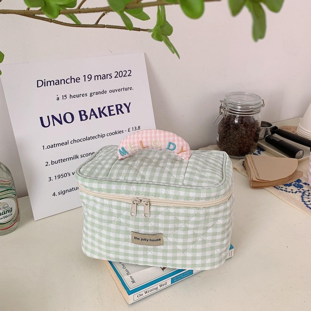 Macaron-colored Grid Makeup Bag Cotton Large Capacity Storage Bag Toiletry Bag Women StyleB