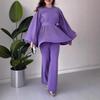 2024 Solid Color Pleated Ruffle Hem Loose Casual Long Pants Set