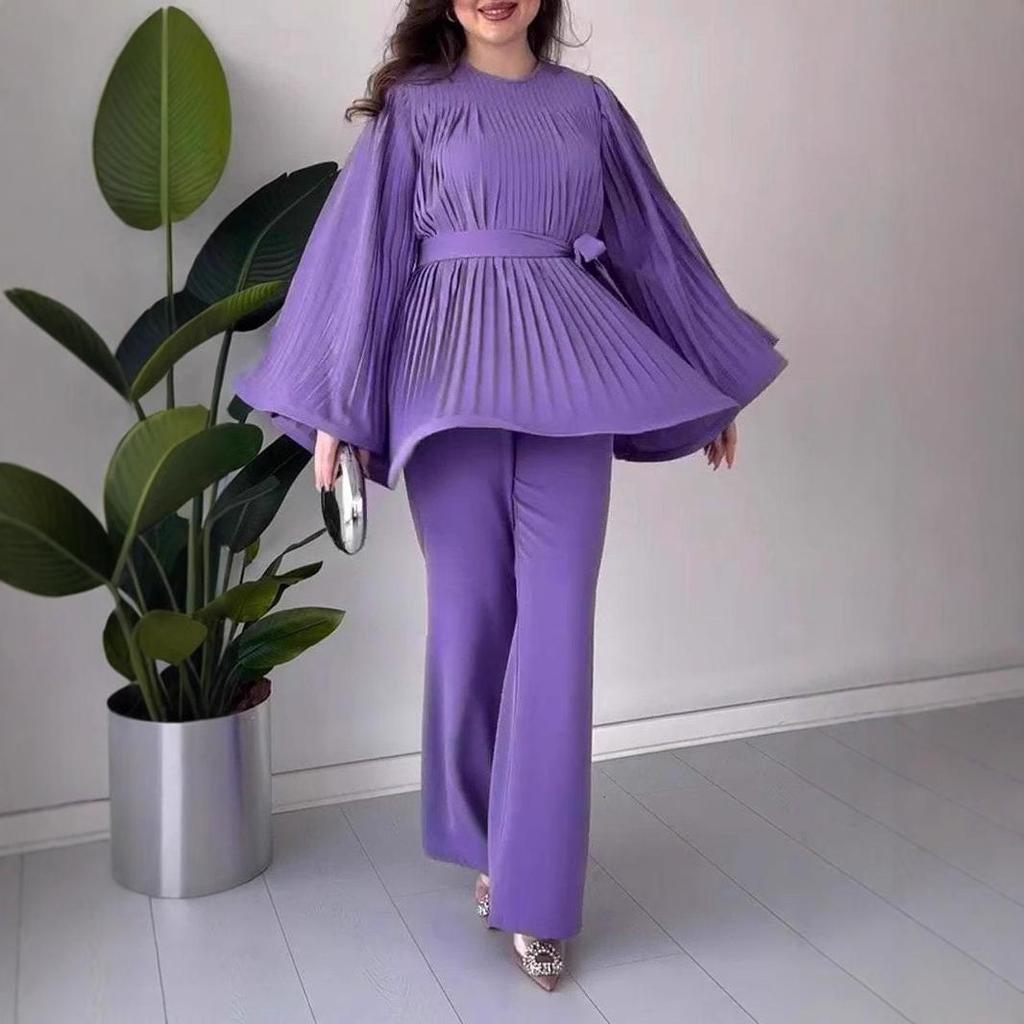 2024 Solid Color Pleated Ruffle Hem Loose Casual Long Pants Set
