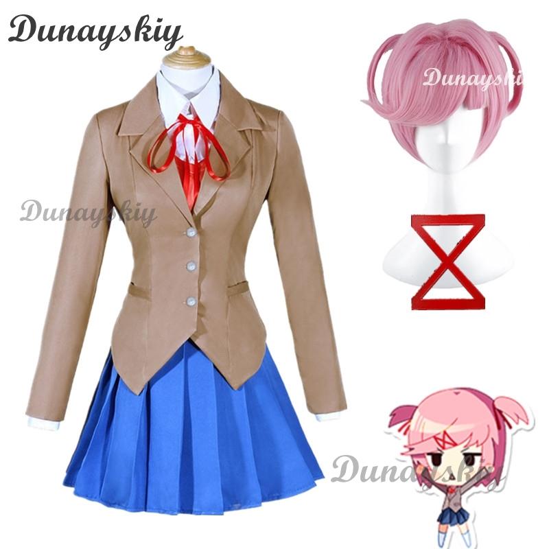 Gioco Doki Doki Literature Club Natsuki Cosplay Sayori Yuri Monika Costume Cosplay Set Parrucca Uniforme Scolastica Ragazza Donna Costumi