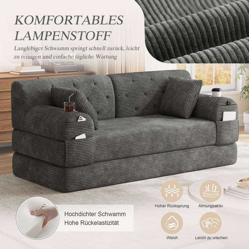 2-Sitzer Schlafsofa, Cord, Hohe Rückenlehne, Metallrahmen, Schaumstoff mit hoher Dichte, 2 Getränkehalter, 4 Seitentaschen, für Wohnzimmer und kleine Räume, Dunkelgrau