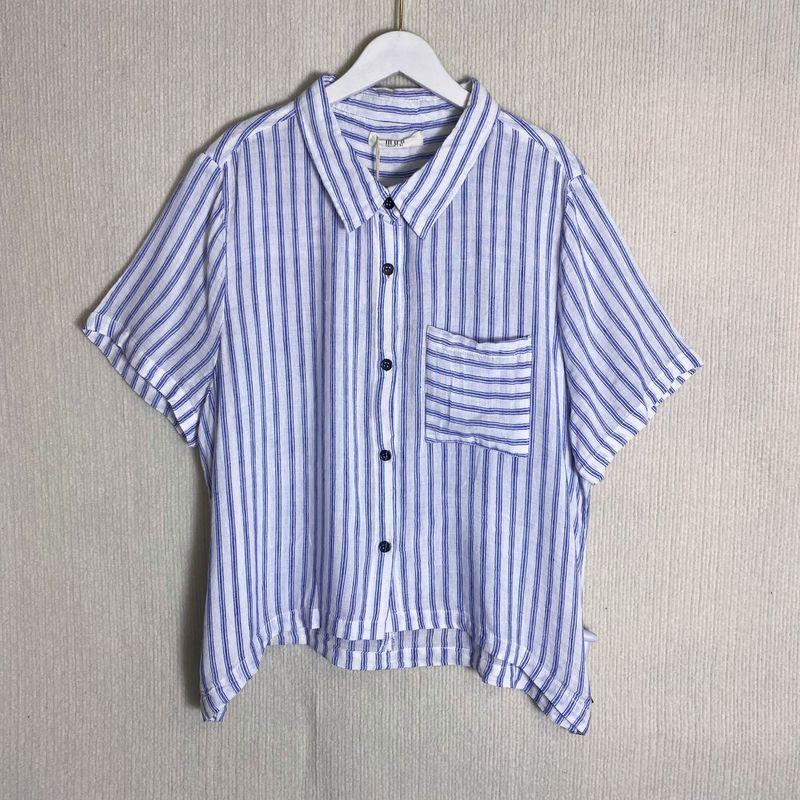 

Export Export Original Order Leftover Stock Blue Stripes Silk Linen Short Sleeve Shirt Women s Short Loose Casual Preppy Style Cool Blue Stripe M