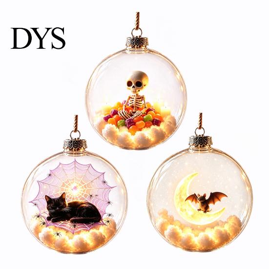 Transparent Spherical Pendants Halloween Ball Ornament, Clear Sphere Decoration with Black Cat Bat Themed Party Favors Skeleton, Festive Hanging
