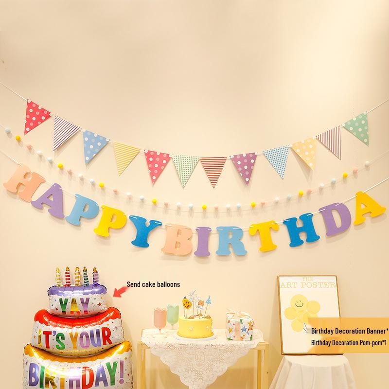First Birthday Party Hanging Decoration: Happy Birthday Banner with Pom Poms and Bunting for Kids.
