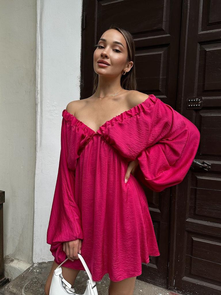 New V-Neck Long Sleeve Dress, Self-Designed Bubble Sleeve Maxi Dress