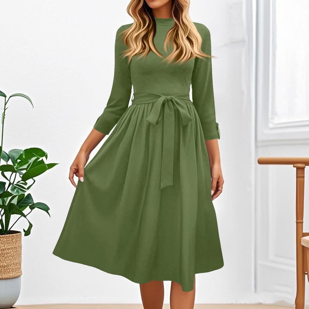 Women's Fashion Casual Belt Seven Sleeve Round Neck Color Temperament Dresses