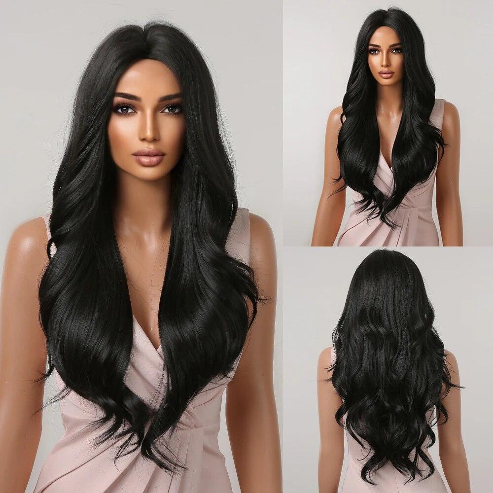 Long Water Wave Synthetic Wigs with Bangs Natural Ginger Brown Loose Curly Wavy Wig for Black White Women Heat Resistant Daily