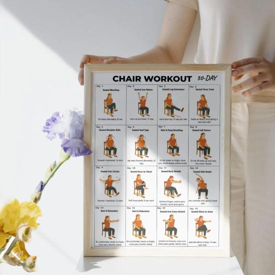 Yousheng 2Pcs Tai Chi Chair Exercises Poster for Seniors and Beginners 10x8 Inch Frameless Fitness Schedule Poster with Gentle Seated Poses for