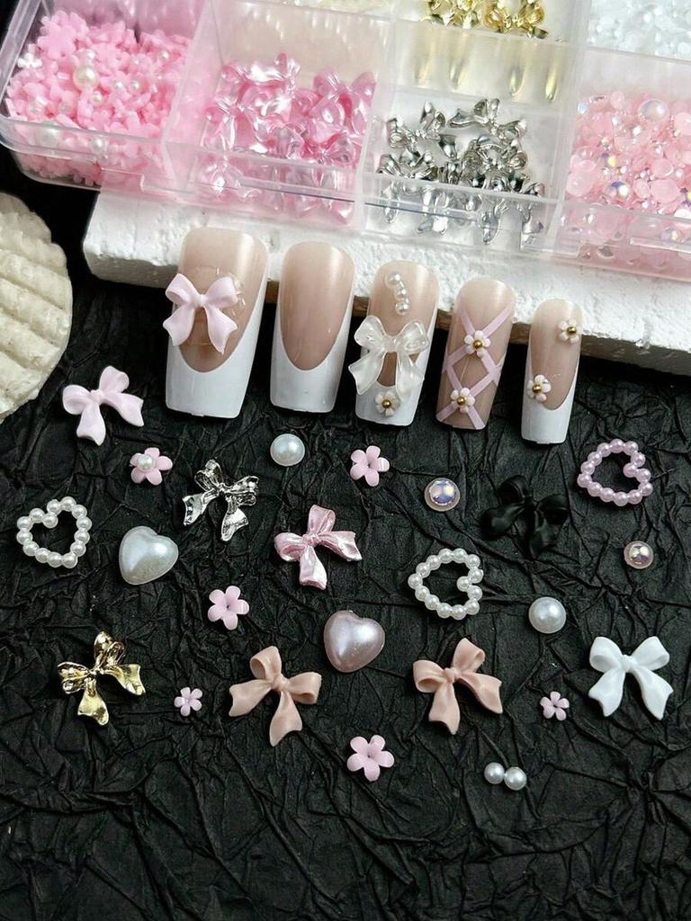 1 Set Nail Art Decorations Kit, Resin Bow Charms and Pearls In Mixed Sizes, DIY Manicure Accessories, Alcohol-Free Nail Art Supplies with Storage Box