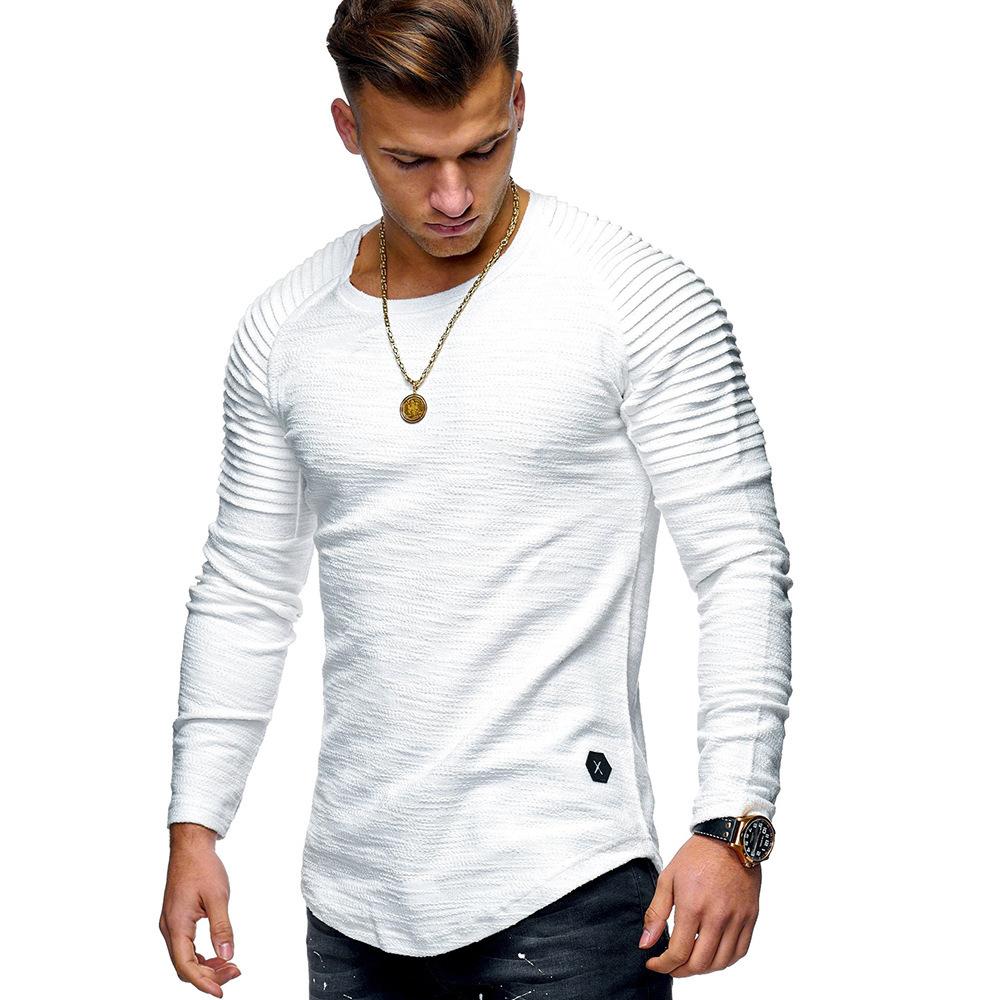 Men's Slim Round Neck Long Sleeve T-shirt Arms Folded Personality Casual Base Shirt T-shirt